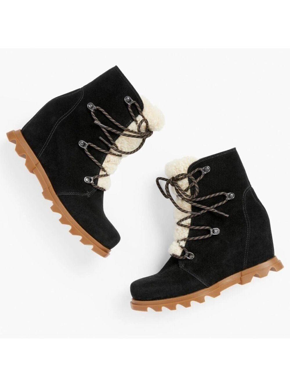 New Sorel Joan of Arctic Wedge III Lace Cozy Waterproof Black Suede Boots 8